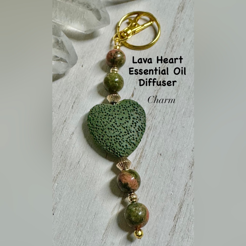 2/$40 - Lava Heart Essential Oil Unakite Gemstone Diffuser Keychain/Purse Charm